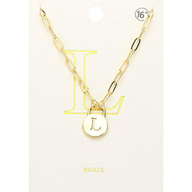 -L- Brass Metal Monogram Lock Pendant Necklace