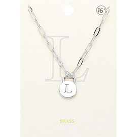 -L- Brass Metal Initial Monogram Lock Pendant Necklace
