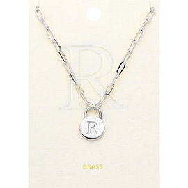 -R- Brass Metal Initial Monogram Lock Pendant Necklace