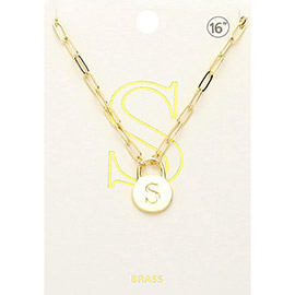 -S- Brass Metal Initial Monogram Lock Pendant Necklace