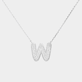 -W- White Gold Dipped CZ Monogram Pendant Necklace