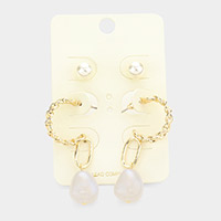 3Pairs - Pearl Metal Chain Half Hoop Abstract Bead Earrings