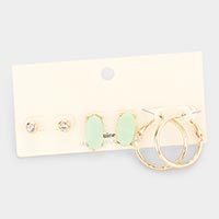 3Pairs - Round Stone Hexagon Bead Metal Hoop Earrings