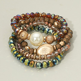 4PCS - Pearl Accented Faceted Beaded Stretch Bracelets