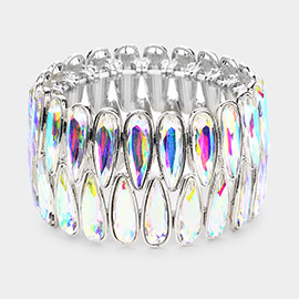 2Rows Elongated Teardrop Stone Cluster Stretch Evening Bracelet
