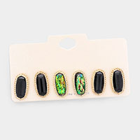 3Pairs - Gold Trim Hexagon Bead Stud Earrings