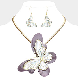 Celluloid Acetate Colored Metal Butterfly Pendant Necklace