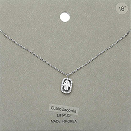 CZ Embellished Brass Metal Hamsa Hand Pendant Necklace
