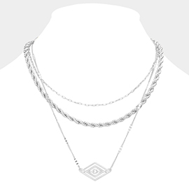 Rhinestone Centered Metal Rhombus Pendant Triple Layered Necklace