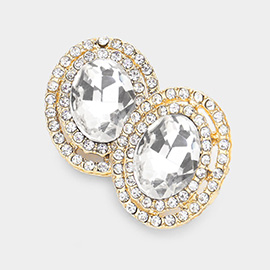 Rhinestone Trim Oval Stone Stud Evening Earrings