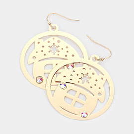 Stone Embellished Cut Out Christmas House Brass Metal Round Dangle Earrings