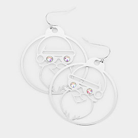 Stone Embellished Cut Out Santa Claus Brass Metal Round Dangle Earrings