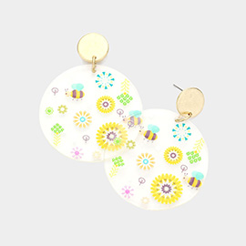 Flower Honey Bee Printed Clear Lucite Dangle Earrings