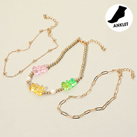 3PCS - Gummy Bear Charm Accented Metal Link Anklets