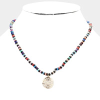 Evil Eye Accented Rhinestone Embellished Round Pendant Beaded Necklace