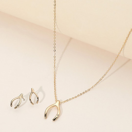 Rhinestone Embellished Brass Metal Wishbone Pendant Necklace