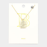 -B- Brass Metal Rectangle Initial Monogram Pendant Necklace