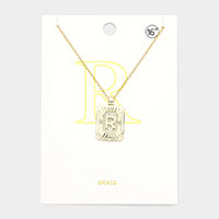 -R- Brass Metal Rectangle Initial Monogram Pendant Necklace