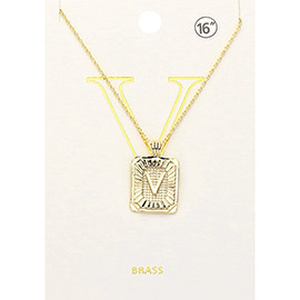 -V- Brass Metal Rectangle Initial Monogram Pendant Necklace