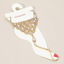 Teardrop Accented Rhinestone Net Toe Ring Evening Anklet