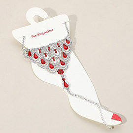 Teardrop Accented Rhinestone Net Toe Ring Evening Anklet
