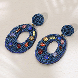 Multi Stone Embellished Seed Beaded Cut Out Oval Dangle Earrings