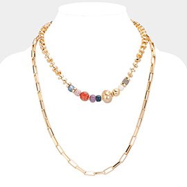 Pearl Multi Bead Accented Double Layered Bib Necklace