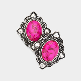 Oval Natural Stone Antique Metal Stud Earrings