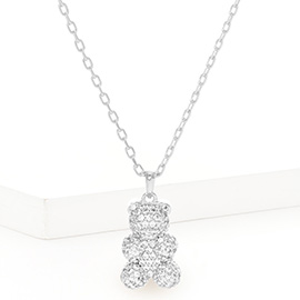 White Gold Dipped CZ Embellished Metal Bear Pendant Necklace