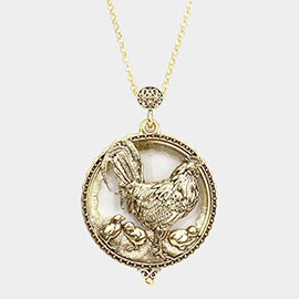 Antique Metal Rooster Magnifying Glass Pendant Long Necklace