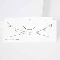 BELIEVE White Gold Dipped Metal Message Pendant Station Necklace