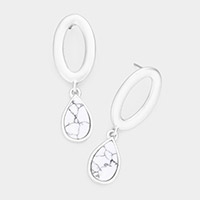 Open Metal Oval Natural Stone Teardrop Link Dangle Earrings