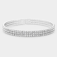 Brass Metal 3Rows Rhinestone Cuff Bracelet