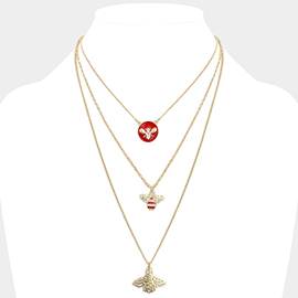Enamel Rhinestone Embellished Honey Bee Pendant Triple Layered Necklace
