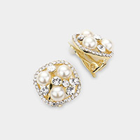 Pearl Stone Embellished Square Clip on Earrings