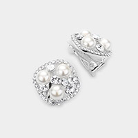 Pearl Stone Embellished Square Clip on Earrings