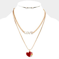 2PCS - Rhinestone Embellished Metal LOVE Message Enamel Heart Pendant Necklaces