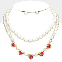 2PCS - Rhinestone Embellished Metal Heart Accented Pearl Necklaces
