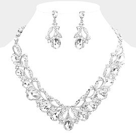 Teardrop Accented Stone Embellished Leaf Evening Necklace