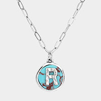 -R- Initial Monogram Turquoise Pendant Necklace