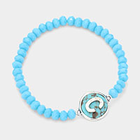 -C- Initial Monogram Turquoise Charm Faceted Beaded Stretch Bracelet