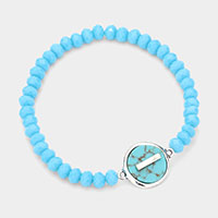 -I- Initial Monogram Turquoise Charm Faceted Beaded Stretch Bracelet