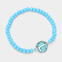 -L- Initial Monogram Turquoise Charm Faceted Beaded Stretch Bracelet