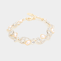 Teardrop Pearl Detail Rhinestone Pave Floral Evening Bracelet