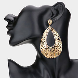 Cut Out Detailed Rhinestone Embellished Metal Teardrop Dangle Earrings