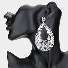 Cut Out Detailed Rhinestone Embellished Metal Teardrop Dangle Earrings