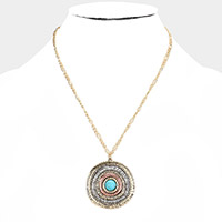Turquoise Centered Irregular Metal Round Pendant Necklace