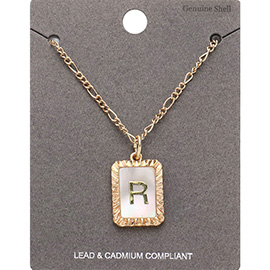 -R- Monogram Genuine Shell Rectangle Pendant Necklace