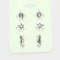 3Pairs - Antique Metal Turtle Sand Dollar Seahorse Stud Earrings