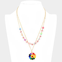 Enamel Smile Pendant Flower Patterned Beaded Double Layered Necklace